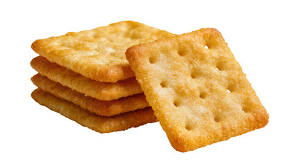 Fototapeta premium Stacked golden square crackers, displaying tiny holes and a flaky texture