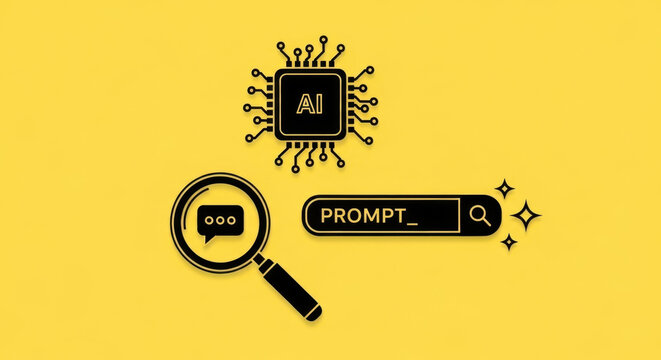 AI assistant prompt concept with magnifying glass analyzing text input, chatbot communication, prompt engineering, artificial intelligence assistant, language model interaction and digital automation
