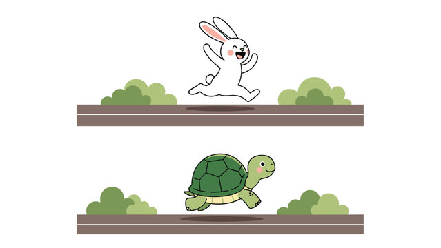 Classic fable illustration featuring a fast white rabbit racing against a slow and steady green tortoise on a path through a park.