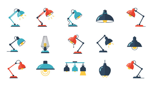 Selection of stylish desk lamps and modern hanging light fixtures in various colors and designs for home or office interior lighting solutions.