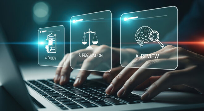 Businesswoman using laptop with AI policy, AI regulation, and AI review interface, representing responsible AI governance, compliance, legal oversight, and ethical technology management.
