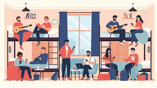 Diverse group of young people living in a shared hostel dormitory bunk beds engaged in hobbies like music reading and using mobile devices.