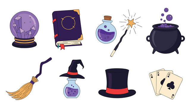 Assortment of magical wizardry and witchcraft items featuring potions magic wands crystal ball witch hat and a boiling cauldron for fantasy.