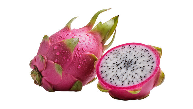 Ripe pink dragon fruit, halved revealing speckled flesh with tiny black seeds