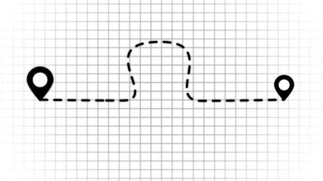 Black Dotted Line Route With Location Pins on Grid
