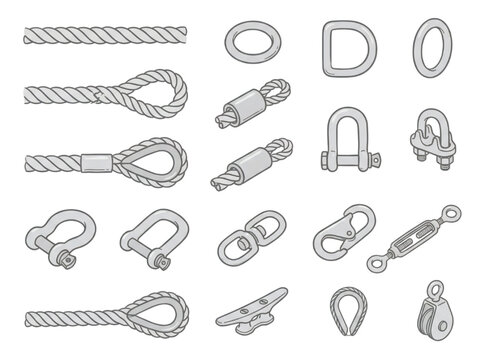 Collection of rigging equipment and nautical hardware. Features ropes, cables, thimbles, shackles, hooks, clips, and fasteners for secure industrial and marine use