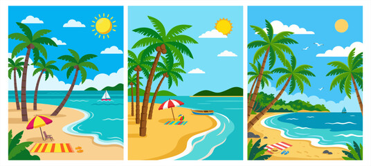 Obraz premium Tropical beach landscape banners with palm trees, ocean waves, and summer vacation vector.