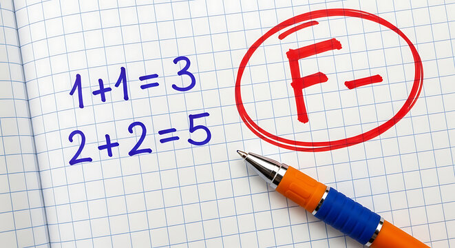 A student's poor academic performance is highlighted by a failing grade on a math test