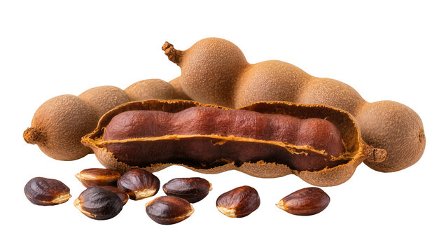 Brown tamarind pods, displaying open halves revealing dark seeds inside