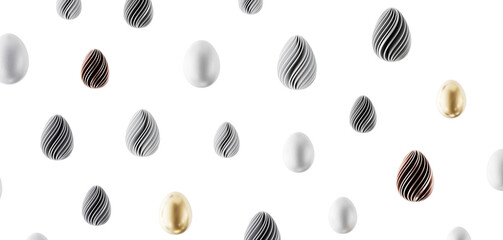 Abstract pattern with different Easter eggs on white background. Perfect for Easter greetings and spring sales. © vegefox.com