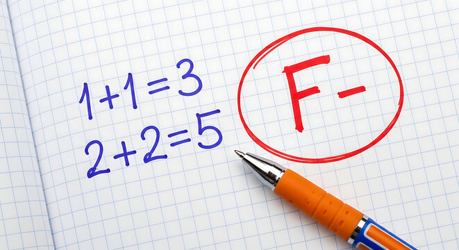 F- grade on a math test with incorrect calculations and a red circled F- grade symbol