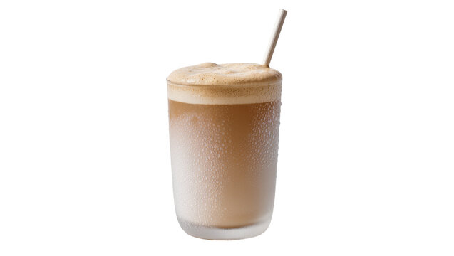 Frothy iced coffee drink in condensation-covered glass, featuring a metallic straw