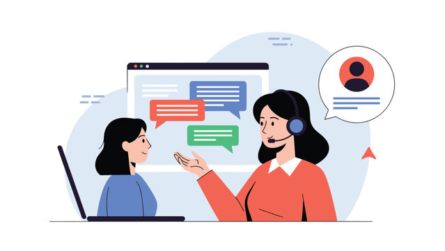 Professional female customer service agent wearing a headset communicates with a client via a web chat interface on a laptop.