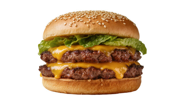 Stacked double cheeseburger with sesame bun melted cheese, and fresh green lettuce