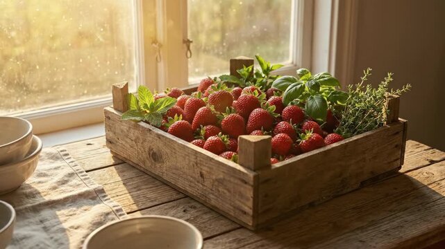 Fresh red strawberry in rustic wooden crate on morning table. Natural harvest of organic fruit with green herb. Healthy food concept for spring season in country kitchen with sunlight from window