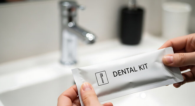 Dental hygiene kit held in hands above a bathroom sink with tap in background