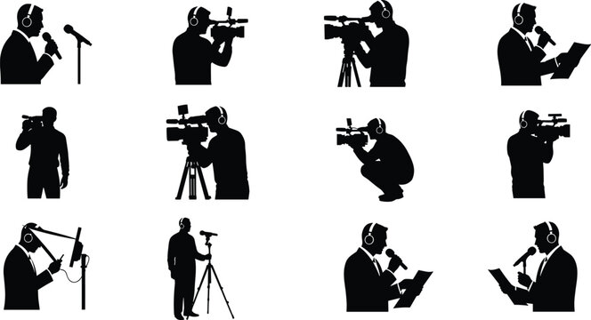 Media production silhouettes set, cameraman reporter and videographer icons, journalism broadcasting concept, filming equipment collection, black vector illustration isolated