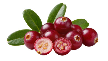 Glossy crimson cranberries, surrounded by vibrant green leaves and a halved berry © Trym