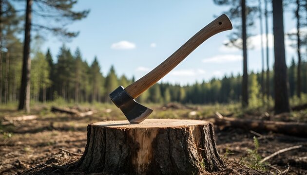 axe in log,Close-up of a manual axe for harvesting firewood on a stump of a fir tree in the forest, the problem of illegal deforestation, ecology of the area, advertising photo of the axe manufacturer