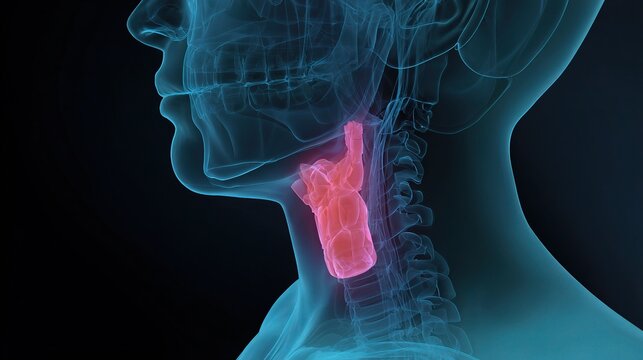 Professional medical illustration of Laryngeal cancer, focusing on throat oncology, vocal cord tumor diagnosis, pathological analysis and clinical treatment research.