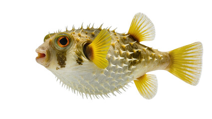 Yellow spotted pufferfish swimming, displaying open mouth with dark markings © Trym