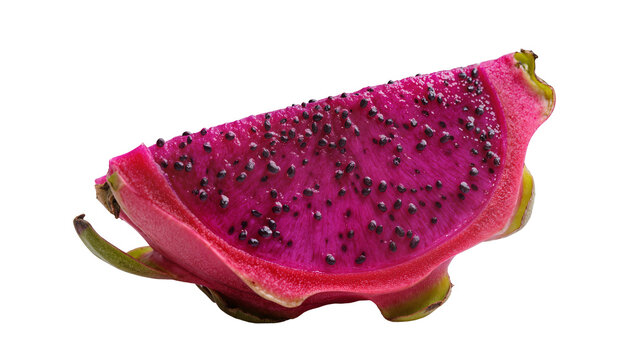 Vibrant pink dragonfruit slice, revealing black seed speckled flesh and green stem