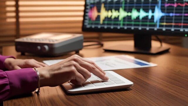 Producer types on midi controller in studio. Music production with waveform on monitor. Hand typing on midi keyboard. Studio work with audio editing. Producer creates music in professional studio.