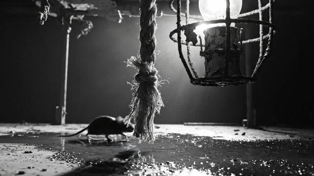 Black and white shot of an old industrial building with a dangling rope and water splashing on the floor