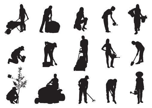 Set of gardening and landscaping silhouettes featuring people working in the garden. Includes planting, watering, mowing lawn, digging and outdoor maintenance activities.