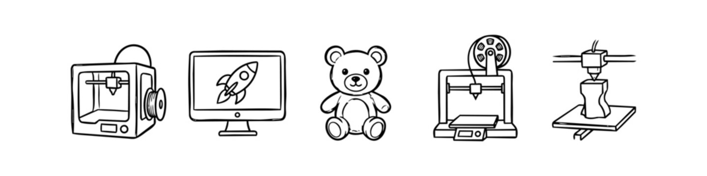 Hand-drawn 3D printing icon set featuring printers, filament, a CAD design on a monitor, and a 3D printed teddy bear. Minimalist black and white line art for technology and maker concepts.