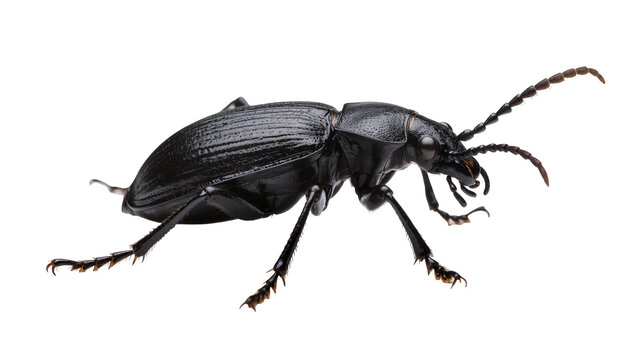 Glossy black beetle crawling displaying textured carapace segmented legs, and long antennae