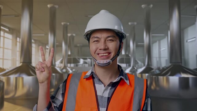 Close Up Of Asian Male Engineer With Safety Helmet Smiling And Showing Peace Gesture While Standing at Stainless Steel Brewing Vats in Beer Manufacturing Plant