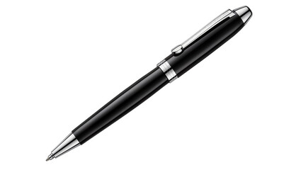 Sleek black ballpoint pen silver accents angled view, polished surface