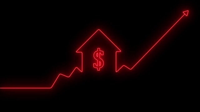 Home icon house sign neon lights animation with up arrow Dollar increase. Neon House, home building animation, Neon home business graph icon animation, Symbol of business success and profit.
