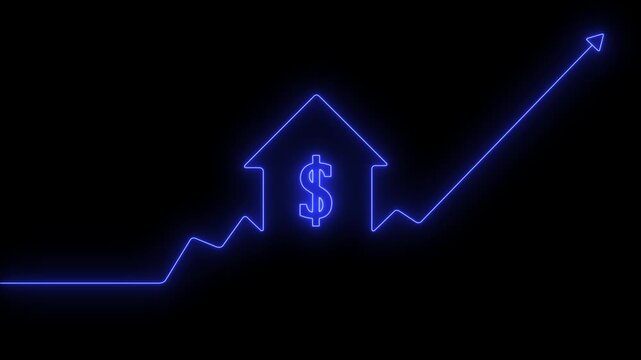 Home icon house sign neon lights animation with up arrow Dollar increase. Neon House, home building animation, Neon home business graph icon animation, Symbol of business success and profit.