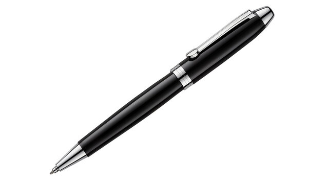 Sleek black ballpoint pen silver accents angled view, polished surface