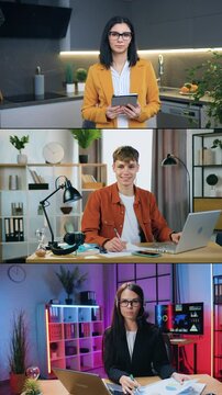 Montage footage of good-looking successful experienced multicultural male and female workmates which posing on camera while african american businesswoman holding online conference