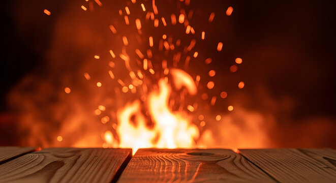 Vibrant fiery backdrop with ascending glowing sparks above a rustic textured wooden table