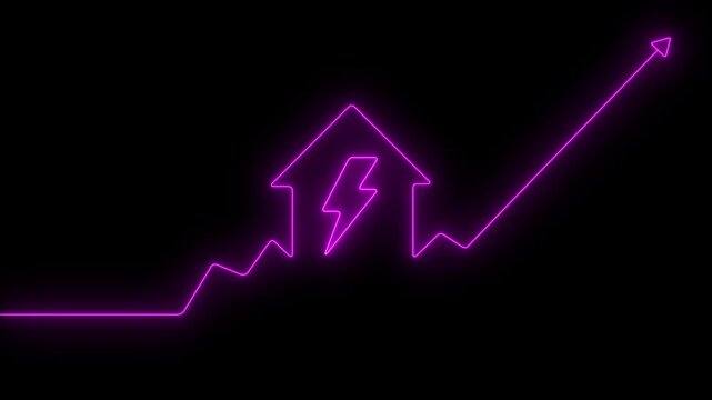 Home icon house sign neon lights animation with up arrow charging icon .neon house home building animation. on a black background, indicating a significant upward trend or growth in price or demand.
