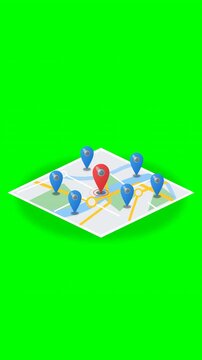 Animated map graphic with location pins appearing on a green screen background, ideal for travel planning, navigation apps, and location-based services presentations