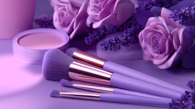 A serene display of purple makeup brushes, a compact, and lavender flowers creating a calming aesthetic