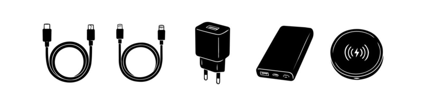 Vector set of mobile charging accessories including USB cables, wall plug, power bank, and wireless charger pad. Black silhouette icons isolated on white background for tech and gadgets themes.