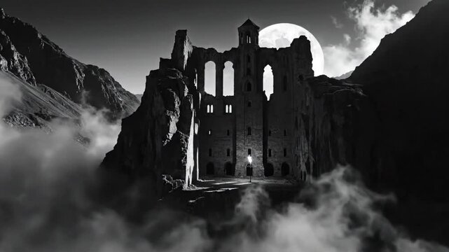 Mysterious castle ruins on a cliffside bathed in moonlight with eerie fog in a monochrome fantasy landscape