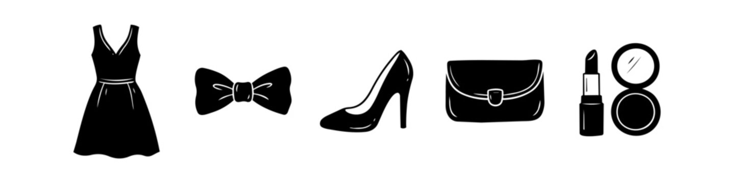 Set of elegant black silhouette icons featuring a sleeveless dress, bow tie, high heel shoe, clutch purse, lipstick, and compact powder. Minimalist fashion and beauty concept on white background.