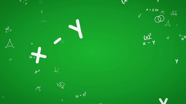 Animated math equations and symbols floating rapidly on a bright green background, perfect for educational content and presentations with a clean and modern visual style