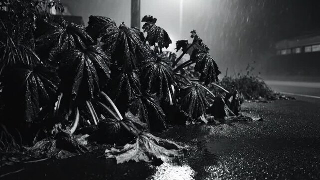 Rain-soaked plants on a slick pavement at night with atmospheric lighting in dramatic monochrome scenery.