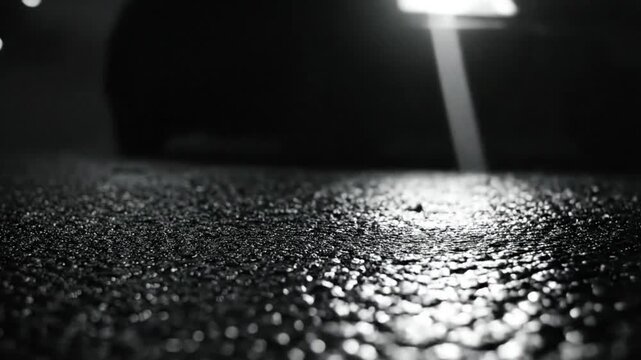 Low angle of wet asphalt road at night with car headlights and blurred background.