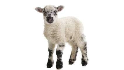 Fluffy young lamb standing gazing forward with dark eyes, black hooves © Trym