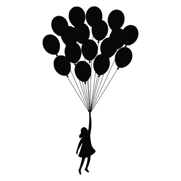 A cluster of black balloons lifts a small child into the air silhouette