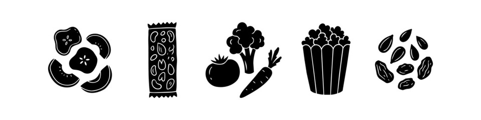 Minimalist black silhouette icons of healthy snacks: fruit slices, granola bar, vegetables, popcorn, and trail mix. Perfect for nutrition, diet, and wellness graphic designs. © Nort Kor